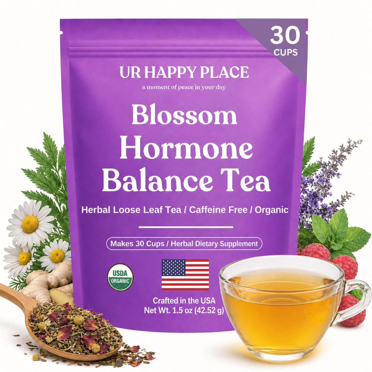 Hormone Balance Tea for Women, Organic Red Raspberry Leaf, Caffeine Free