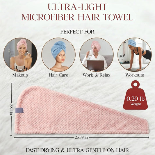 3 Pack Microfiber Hair Towel Wrap for Women 26 x 10 in | Hair Drying Towel with Button |Hair Turban Towel Quick Dry Coral Fleece Head Towels (Pink + Blue + Grey)