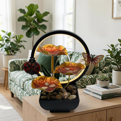Tabletop Fountain,Indoor Water Fountain,Home Fengshui Décor Zen Relaxation Soothing Sound Machine for Office,Living Room,or Bedroom,Green Lotus,Hummingbird & Pink Flower,9.1inch