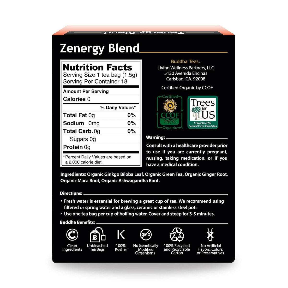 Buddha Teas Zenergy Blend - OU Kosher, USDA Organic, 18 Bleach-Free Tea Bags