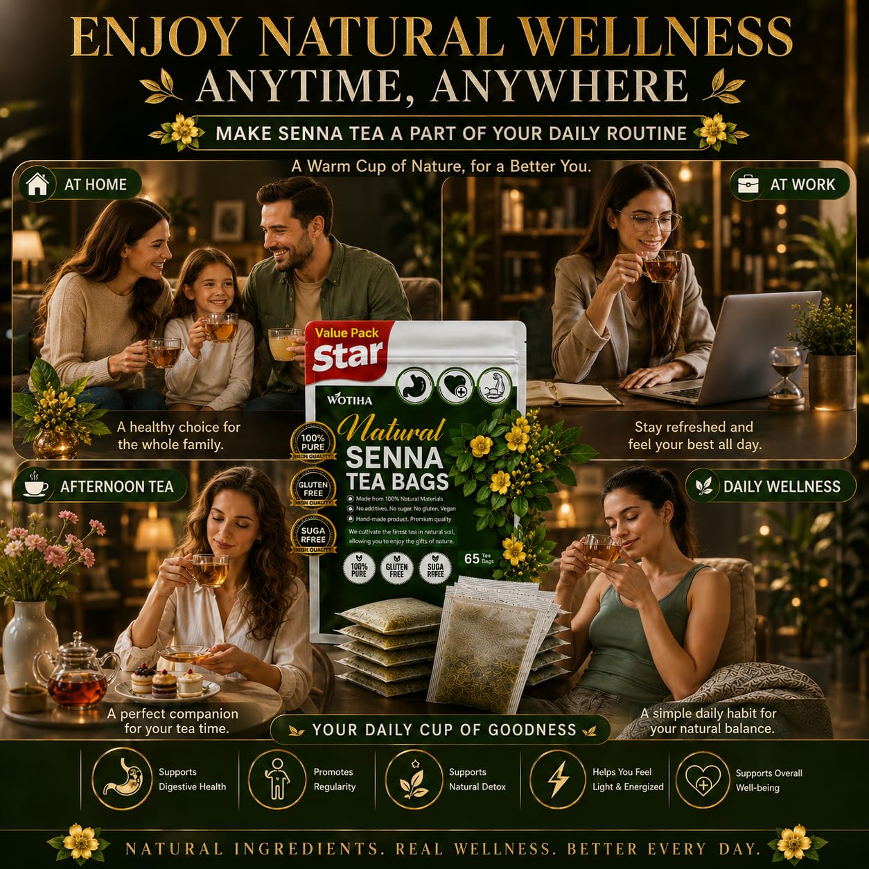 WOTIHA 60 Count Premium Lemon Balm Tea Bags - 100% Pure Natural Leaves, Lemony Citrusy Flavor, Supports Calming & Digestion, Caffeine-Free, Additive-Free, Sugar-Free, Vegan Non-GMO
