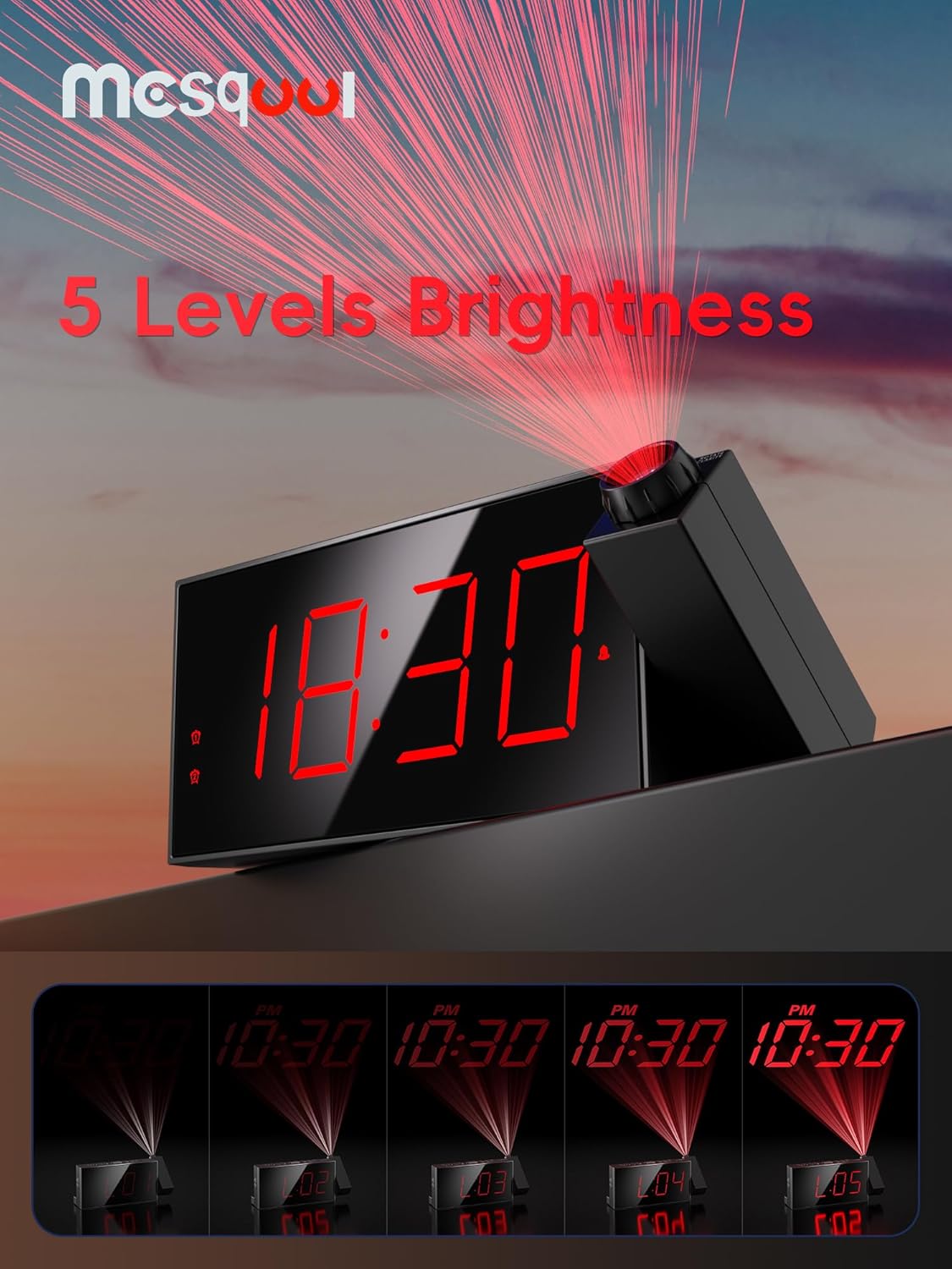 Digital Projection Alarm Clocks for Bedrooms - Large LED Display, 180° Rotatable Projector, 5-Level Dimmer,USB Charger,Battery Backup,Loud Dual Alarms for Kids Elderly,Heavy Sleepers,Snooze,12/24H,DST