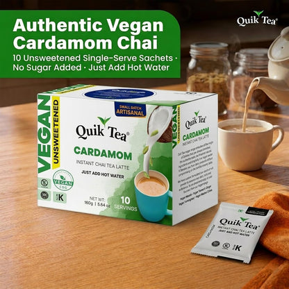 QuikTea Instant Masala Chai Tea Latte, 20 Single-Serve Sachets, Artisanal Indian Chai Latte Mix, Just Add Hot Water, Low Caffeine, Non-GMO, Gluten Free.