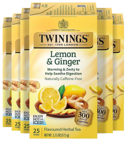 Twinings Lemon & Ginger Herbal Tea Individually Wrapped Bags, 25 Count (Pack of 6), Spicy Ginger, Lemon Peel, & Lemongrass, Naturally Caffeine-Free, Enjoy Hot or Iced, 150 Teabags