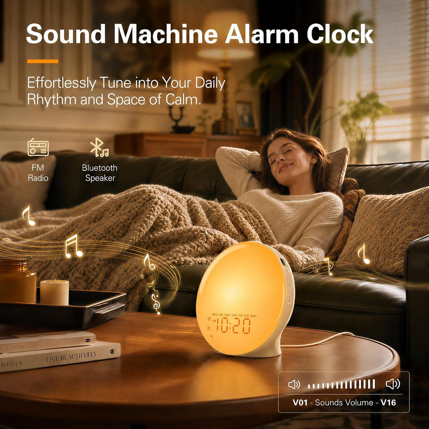 JALL Full-Screen Wake Up Light Sunrise Alarm Clocks for Bedrooms, White Noise Machine for Heavy Sleepers, 25 Natural Sounds, Dual Alarms, FM Radio, 17 Dimmable Colors, Bluetooth Speaker