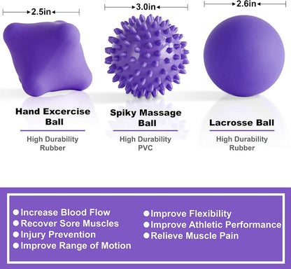 Posture Magic Massage Ball Kit for Myofascial Trigger Point Release & Deep Tissue Massage - Set of 6 - Large Foam/Small Foam/Lacrosse/Peanut/Spiky/Hand Exercise Ball (Purple)