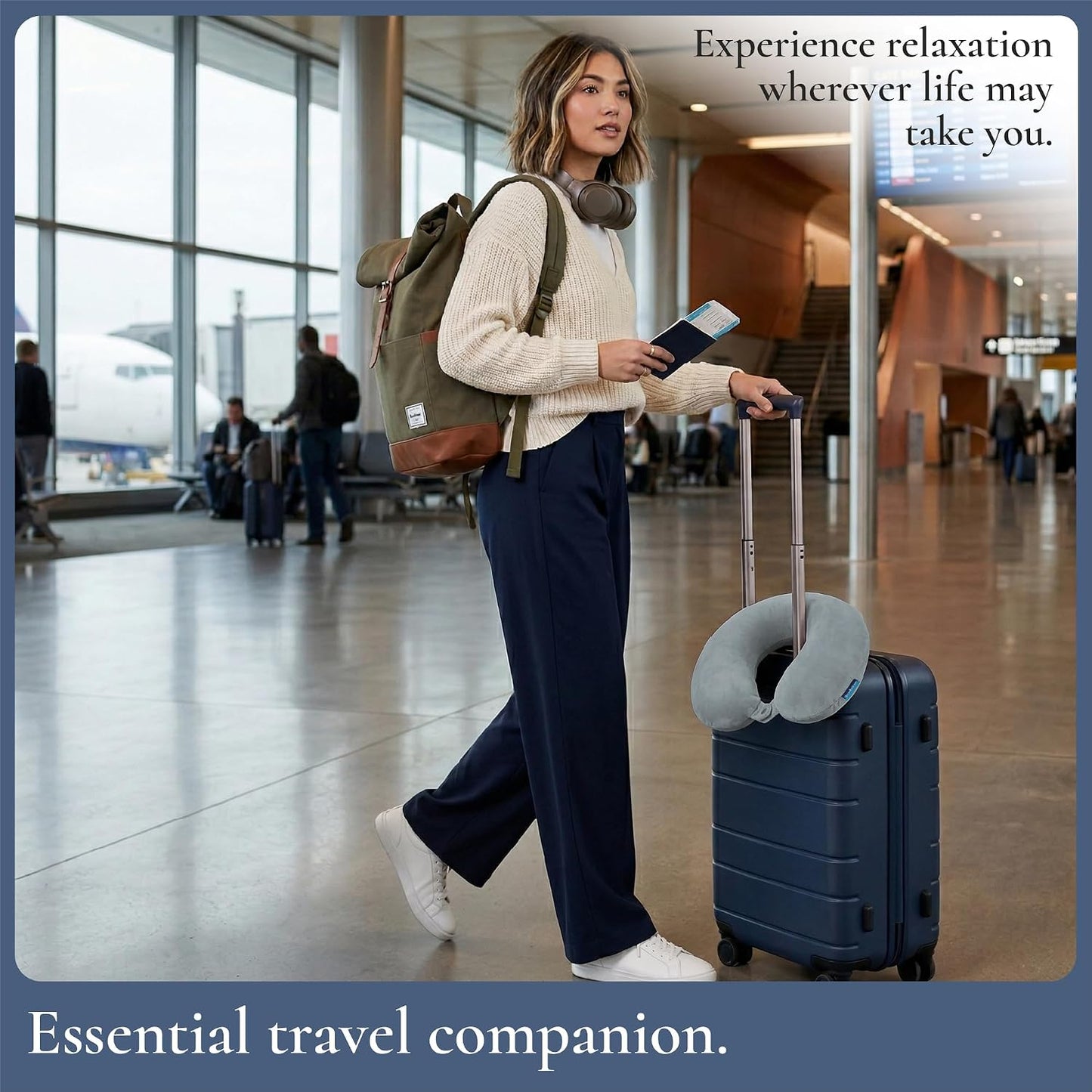 Brookstone Travel Neck Pillow - Lightweight U-Shaped Memory Foam Travel Pillow for Airplane, Car Travels & Sleeping, Blue