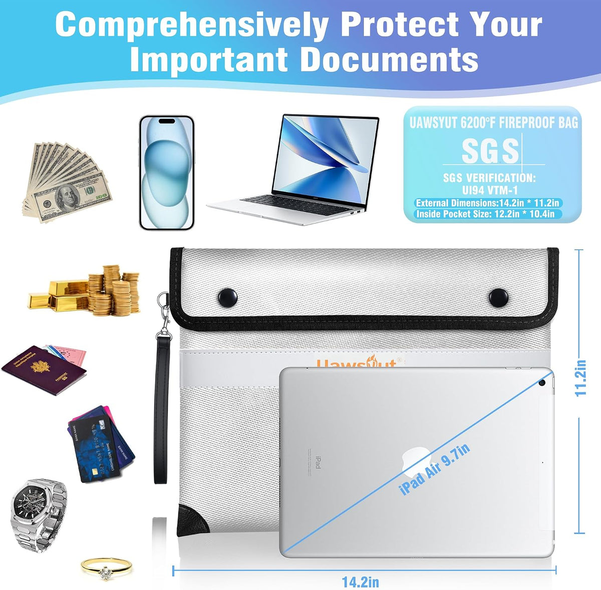 Fireproof Document Bag - 6200°F Important Document Bags with Zipper, Water Resistant Fire Proof Money Bags for Cash, Cell Phone, Tablet, Credit Card,Passport and Valuables (14.2"x11.2", Black)