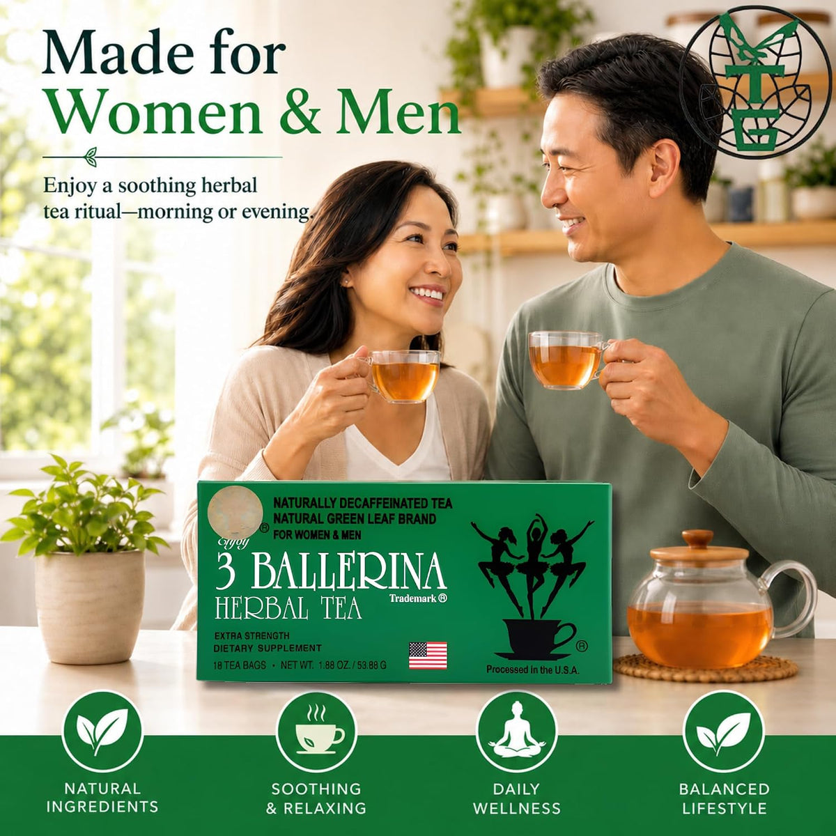 3 Ballerina Caffeine-Free Extra Strength Herbal Tea, 18 Count, Pack of 2