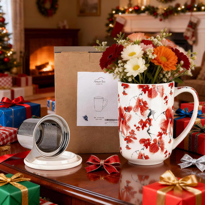 AmorArc Porcelain Tea Mug with Infuser and Lids, 18 Oz Large Cup Strainer with Bag Holder for Loose Leaf Tea, Steeping Coffee Mug for House-warming Wedding Birthday Gift