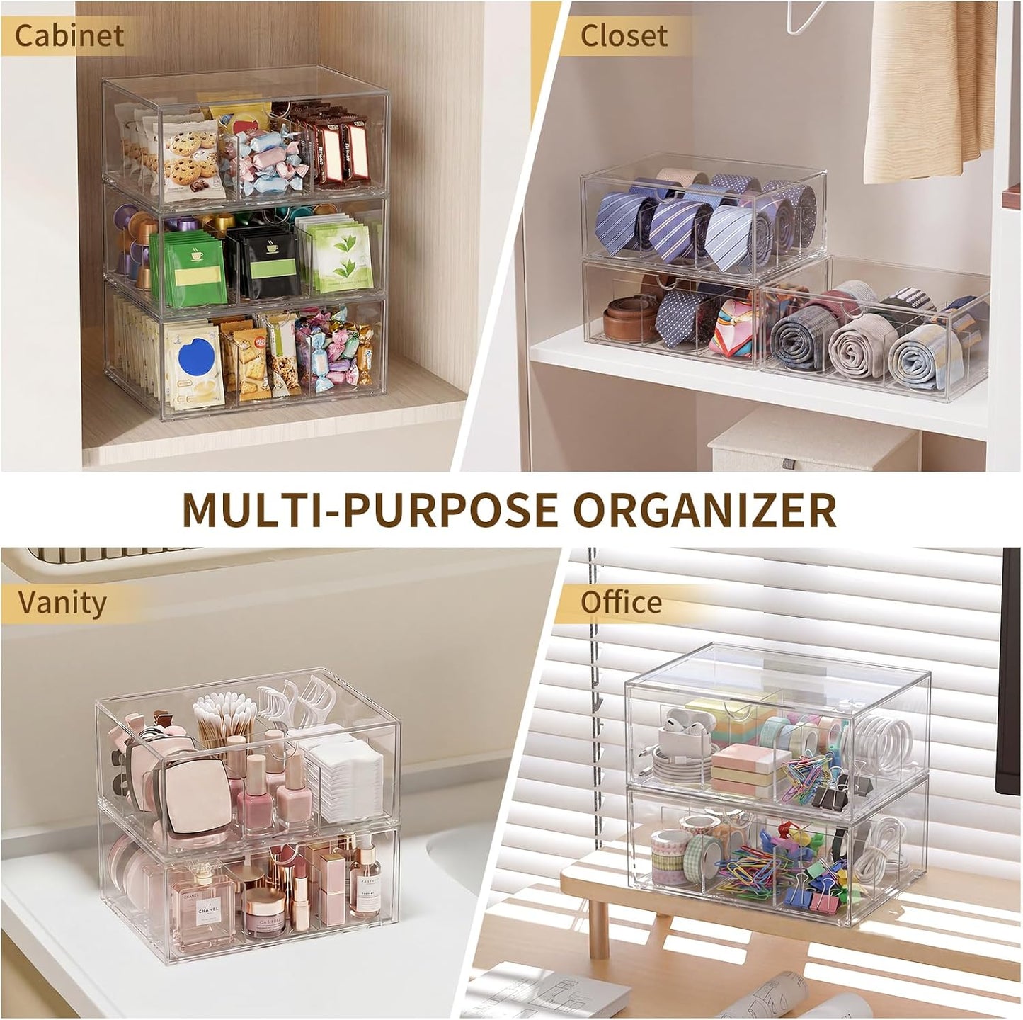 2 Pack Clear Tea Bag Organizer, Stackable Drawer Organizer with Dividers for Pantry Bathroom Vanity Kitchen - Cabinet Countertop Shelf Plastic Storage Bins for Coffee/Makeup/Cosmetic/Crafts/Jewelry