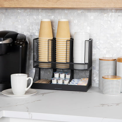 Mind Reader Condiment Station, 13 Inch Countertop Coffee Bar Organizer with 6 Compartments, Storage Caddy for Cups, Lids and Packets, Plastic, Black