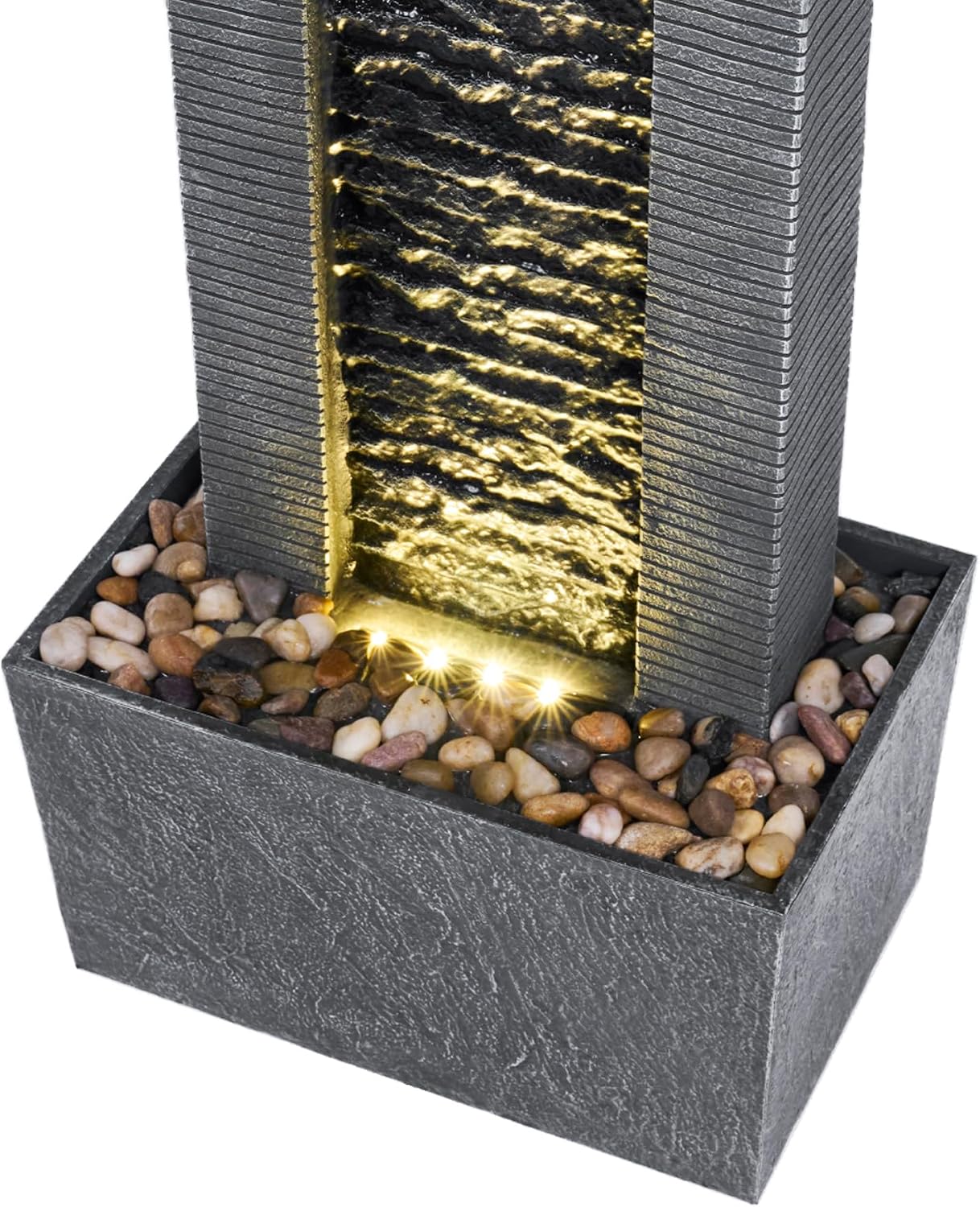 Teamson Home 38.58 in. Modern Curved Faux Slate Waterfall Fountain for Indoors or Outdoors with LED Light Accents and 1.98-Gallon Pump, Black and Stone Gray | Freestanding Floor Garden Waterfall, LED Lights, Weatherproof Polyresin, For Patio & Yard