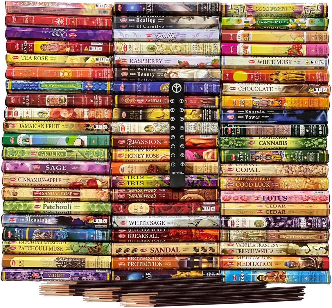 Hem Incense Sticks Variety Pack #23-120 Insence-Sticks (6 Incents x 20 Insense) + Incense Stick Holder with 6 Most Liked Scents Including Patchouli Dragons Blood White Sage Frankincense-Myrrh