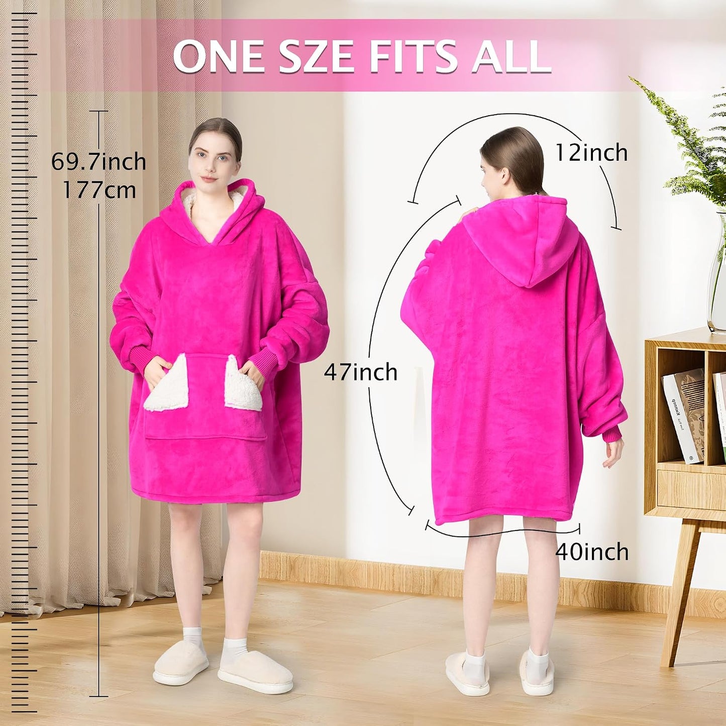Touchat Wearable Blanket Hoodie, Oversized Sherpa Blanket Sweatshirt with Hood Pocket and Sleeves, Super Soft Warm Plush Hooded Blanket for Adult Women Men, One Size Fits All (Pink)