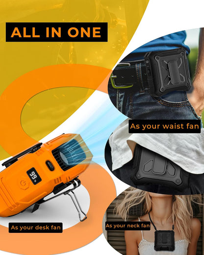 TUNISE Portable Fan with 5-Speed Settings, Dual-Sided Clip on Wearable Belt Waist Fan for 8000mAh, 2 Settings including Flashlight,Travel Essential for Outdoor Camping as Power Bank
