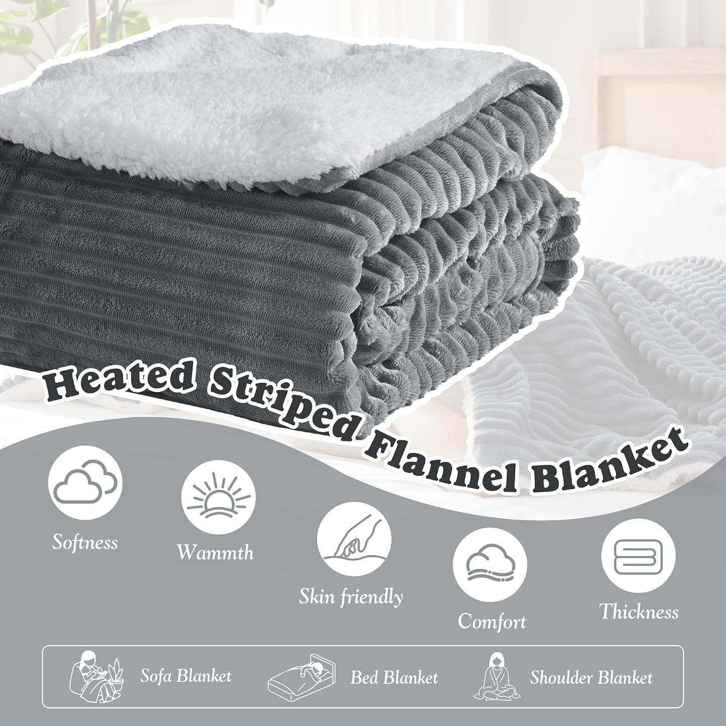 Heated Throw Blanket - Fast Heating 3D Jacquard Electric Heated Blanket, Cozy Heating Blanket with 6 Heating Settings & 4 Hours Auto-Off, Machine Washable, 50"x60", London Grey