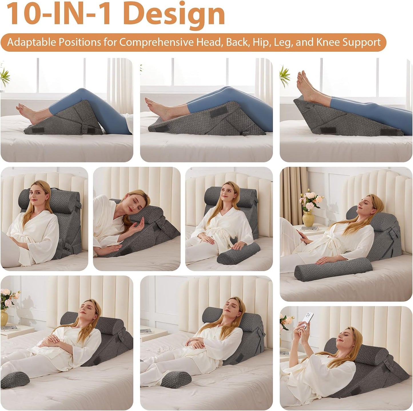 BIEEZZK Wedge Pillow Set for After Surgery, Wedge Pillow for Acid Reflux, Bed Wedge Pillow with Adjustable 9&12inch for Headboard,Sleeping, Orthopedic Memory Foam for Neck&Back Support, White/Grey