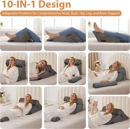 BIEEZZK Wedge Pillow Set for After Surgery, Wedge Pillow for Acid Reflux, Bed Wedge Pillow with Adjustable 9&12inch for Headboard,Sleeping, Orthopedic Memory Foam for Neck&Back Support, White/Grey