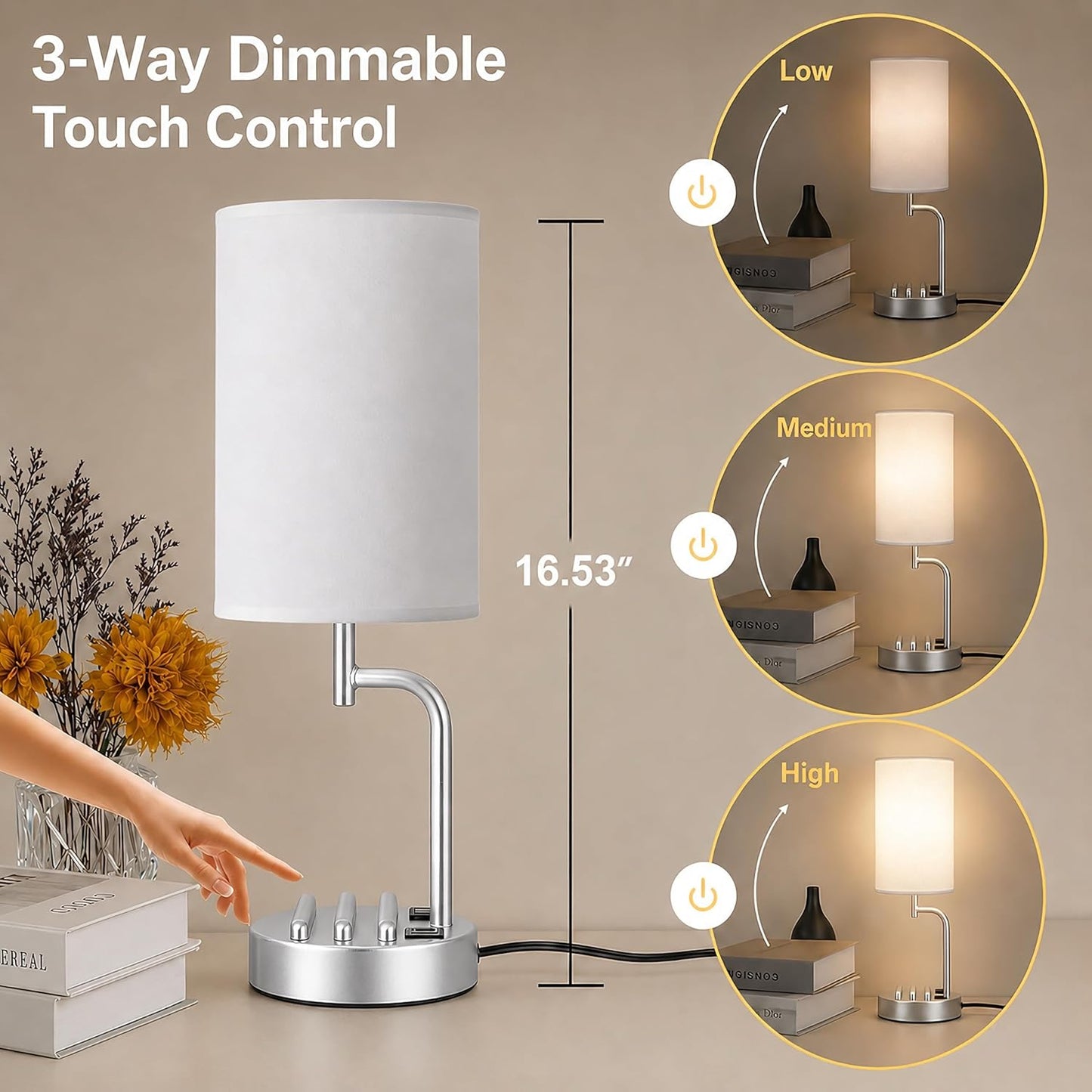 Dreamholder Touch Control USB Table Lamp with USB C/A & AC Outlet, 3-Way Dimmable Bedside Lamp, Modern Nightstand Lamps for Bedroom Living Room Guest Room Office, Bulb Included, Gold