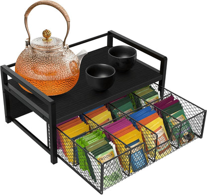 Homode Wood Tea Bag Organizer, Teabag Holder with Drawer, Tea Organizers and Storage Box, 8 Compartments Tea Caddy Station Chests Display Container for Counter Kitchen, Black