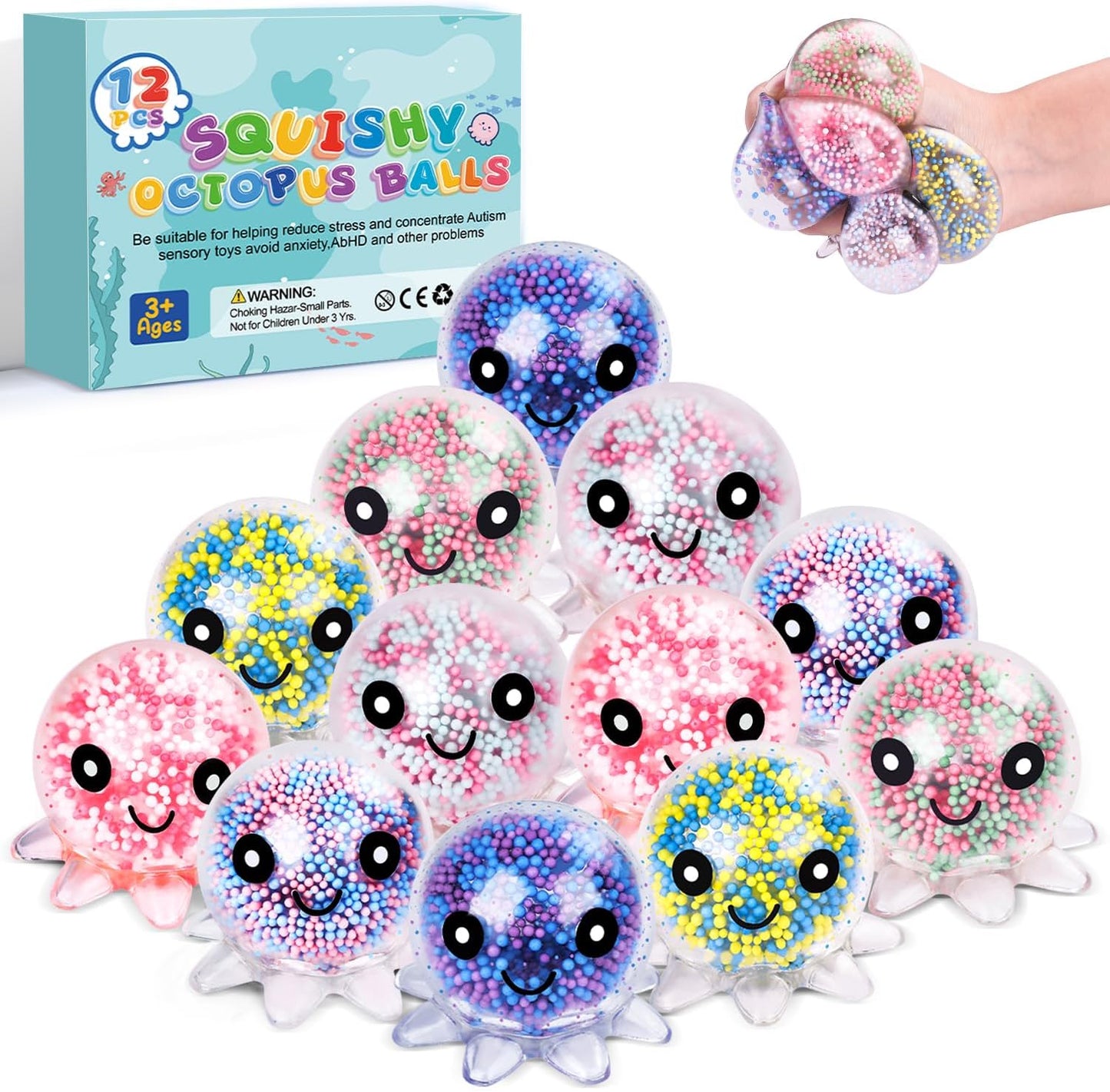 VESPRO 12 Pack Fidget Stress Balls for Adults, Cute Octopus Stress Sensory Stress Ball, Bulk Squishy Squeeze Ball Toys Set for Classroom Prizes and Birthday Party Favors