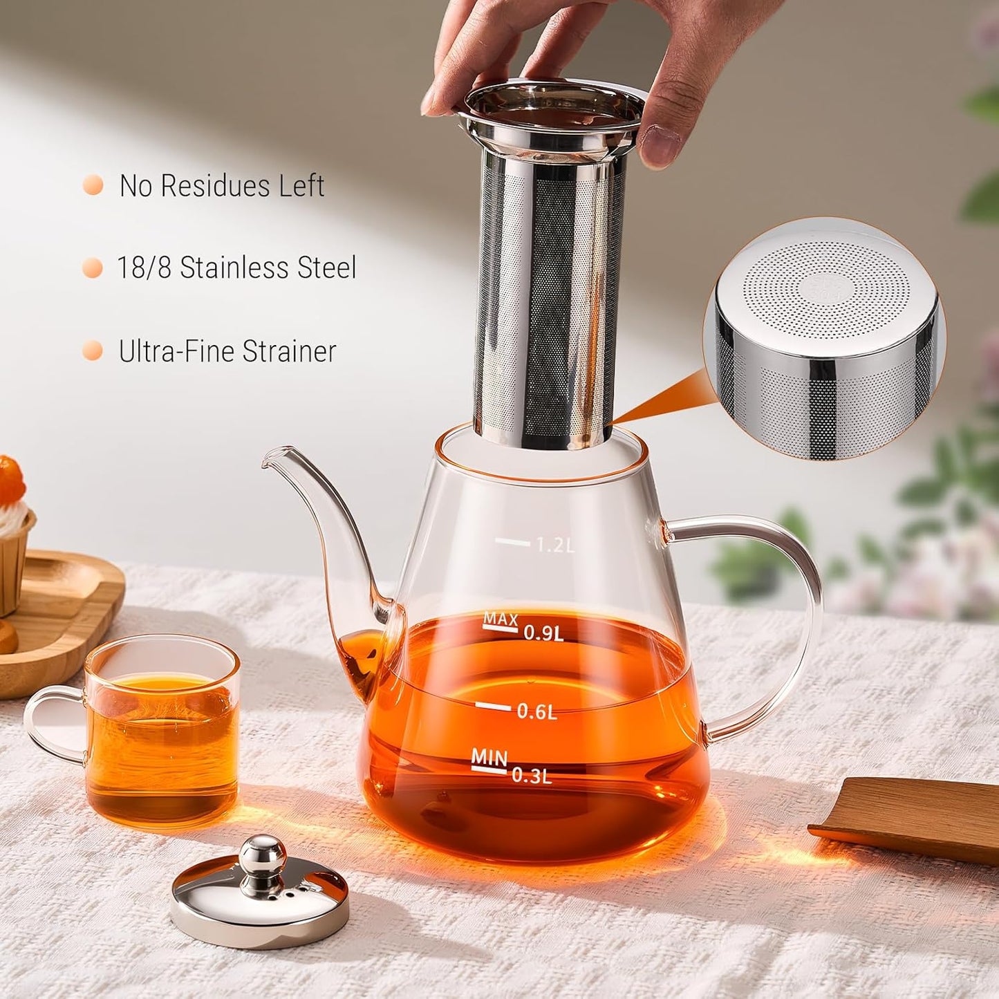 PARACITY Glass Teapot Stovetop 40 OZ/1200ml, Borosilicate Clear Tea Kettle with Removable 18/8 Stainless Steel Infuser, Teapot Blooming and Loose Leaf Tea Maker Tea Brewer for Camping, Travel
