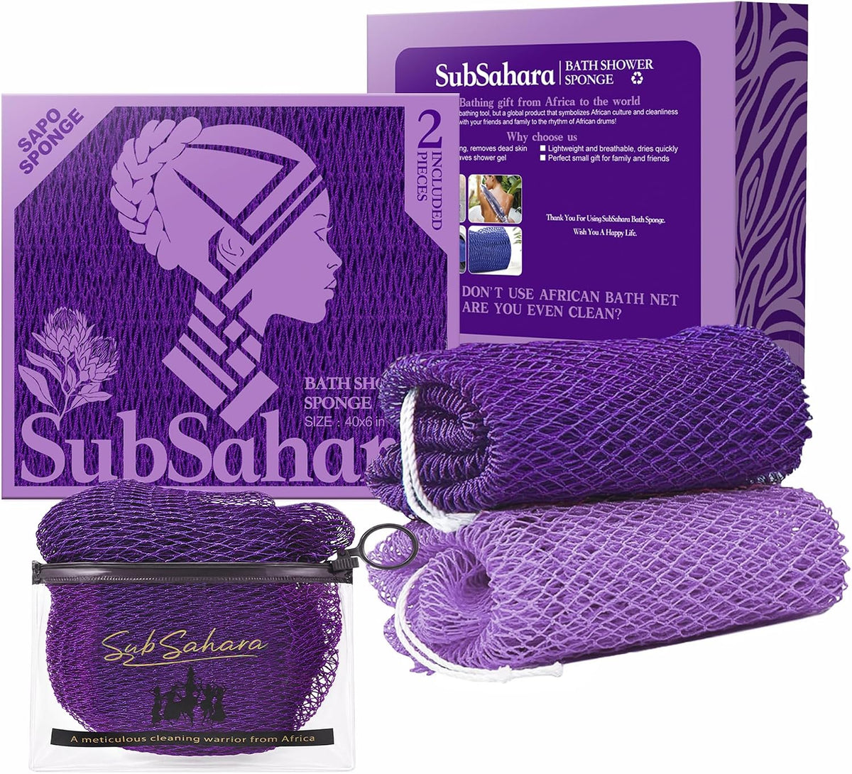 SubSahara African Net Sponge, 2 Pack 45-Inch Exfoliating Bath Scrubber