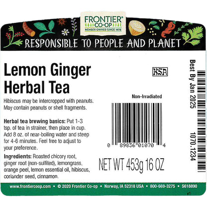 Frontier Co-op Lemon Ginger Herbal Tea, Kosher, Bulk Tea | 16 Ounce (Pack of 1)