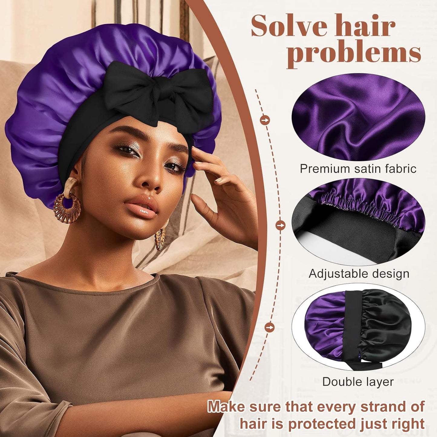 Satin Bonnet for Sleeping Cap Double Layer Hair Bonnet with Elastic Tie Band for Curly Hair Night Cap (Bean Paste + Pink)