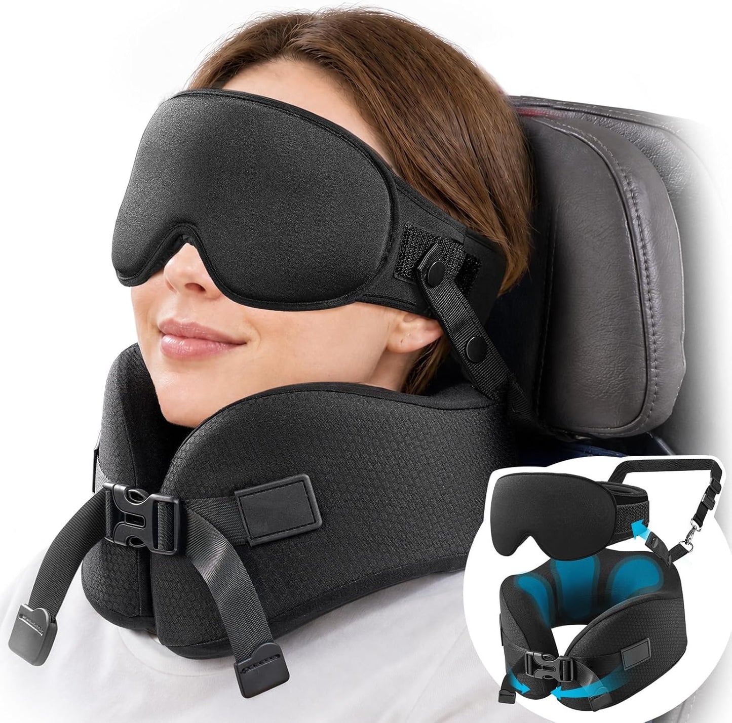 YFONG Travel Pillow for Long Flights, Patented 360° Ergonomic Sleeper Hold Head Support System with Memory Foam Neck Pillow & 3D Sleep Mask, Prevent Head Bobbing for Airplane & Road Trip, Pink