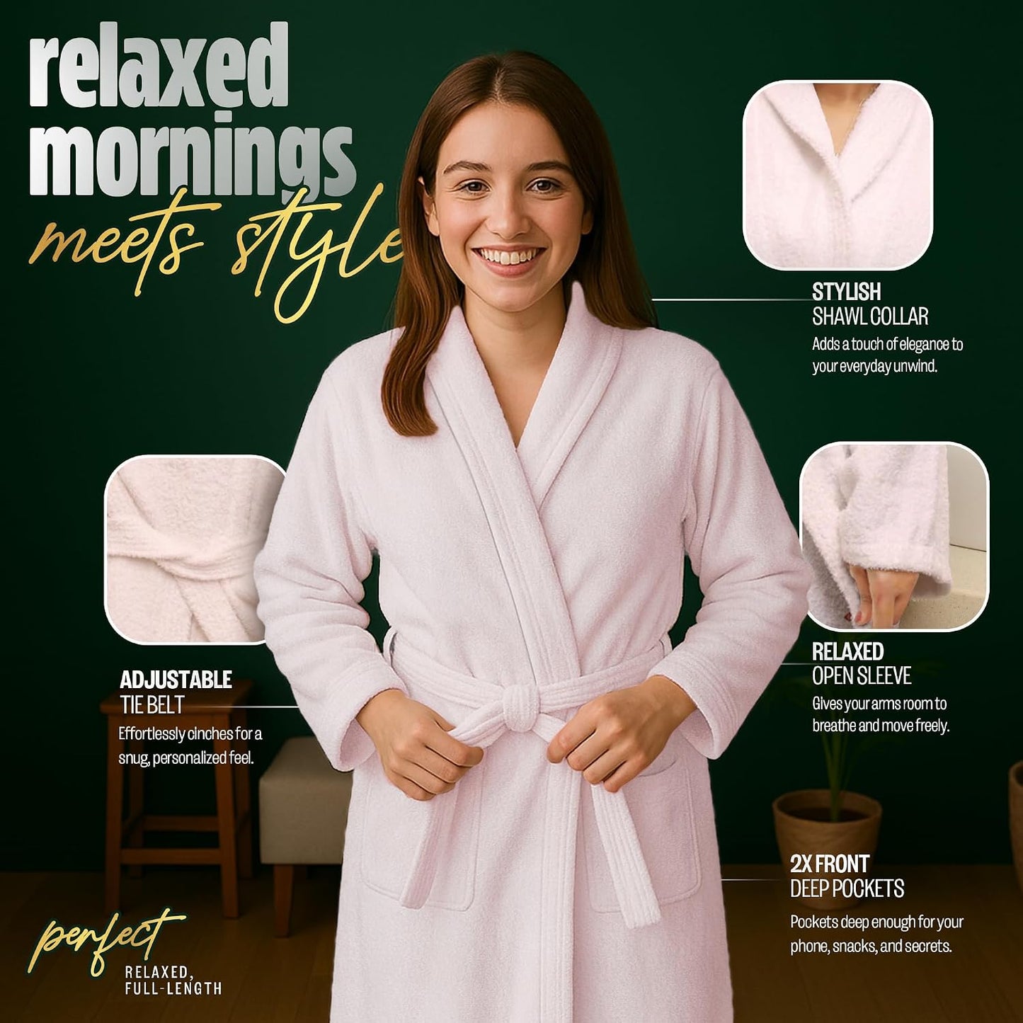 Pearl Linens Cotton Terry Shawl Collar Bathrobe - Soft, Lightweight & Absorbent Unisex Spa Robe for Women & Men - 1 Piece