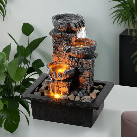 Kalona Tabletop Waterfall Fountain 3 Bowls with LED Light, Soothing Water Flow Sound, Zen Meditation Decor for Home and Office, Relaxation Water Fountains Indoor (23113)