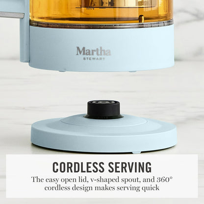 Martha Stewart Electric Kettle with Removable Stainless Steel Tea Infuser, Glass Carafe 1.7L (7 Cups), Hot Water Boiler, 4 Presets, Keep Warm & Auto Shut-Off, Cordless 360° Swivel Base, Honeydew Green