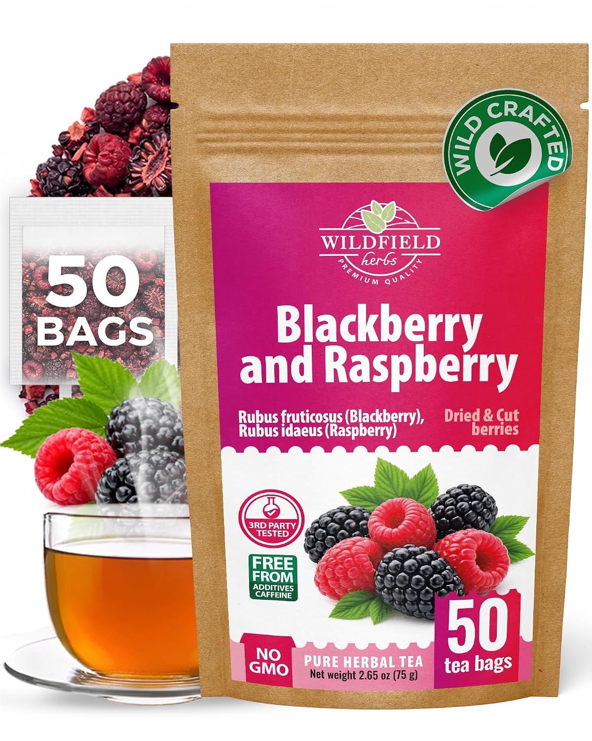 50 Bags Blackberry & Raspberry Fruit Tea Blend (Rubus Fruticosus, Rubus Idaeus) - 50 Count 1.5g Bags Mixed Berry Fruit Infusion Té De Mora Y Frambuesa