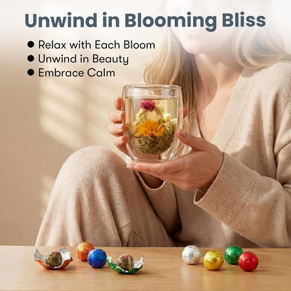 Blooming Tea Gift Set with Double-Walled Glass Teacup, 8 Handcrafted Flowering Tea Balls, Artisan Green Tea and Flower Varieties, Perfect Birthday and Anniversary Gift for Tea Lovers