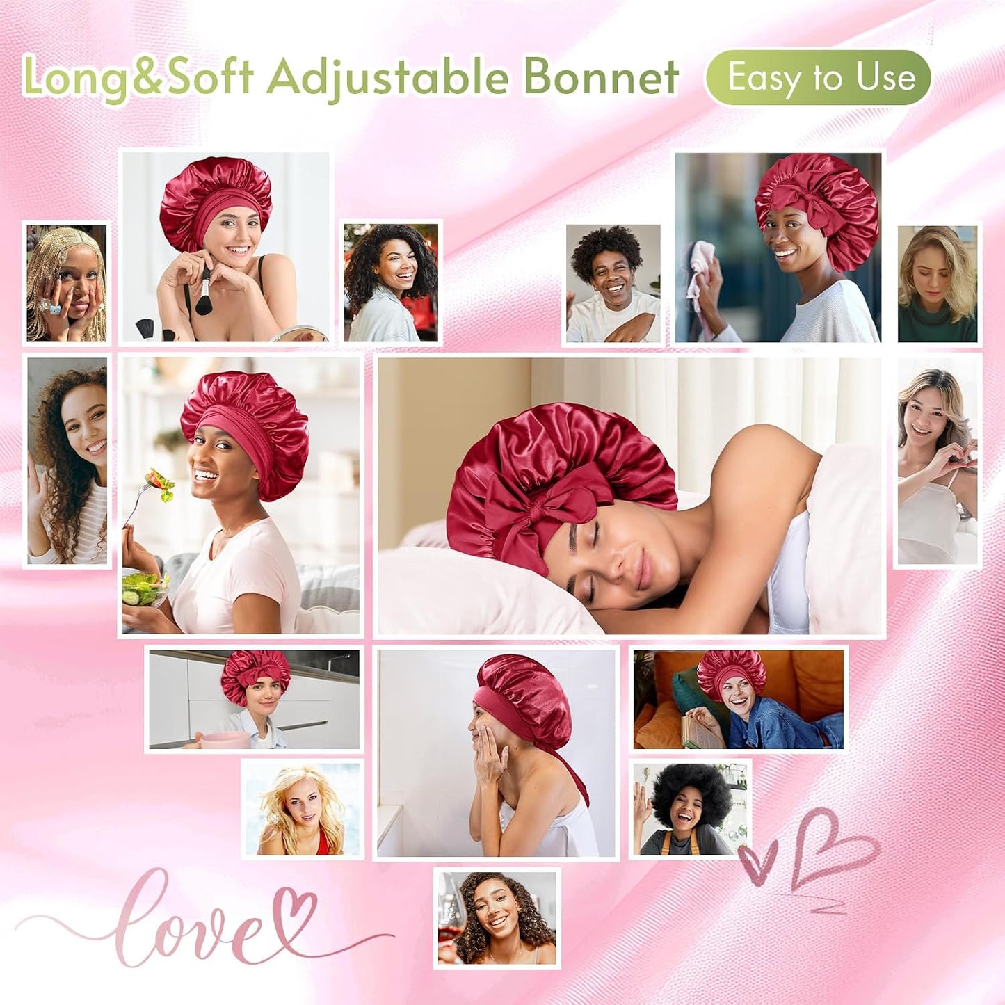 BONNET QUEEN Silk Bonnet for Sleeping for Women Satin Bonnet Night Cap for Curly Hair with Tie Band, Single Layer, Cream Pink