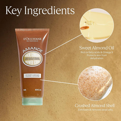 L’Occitane Almond Shower Scrub, 2-In-1 Exfoliating Body Wash with Nourishing Oil Removes Dead Skin Cells & Cleanses for Smooth, Soft & Radiant Skin