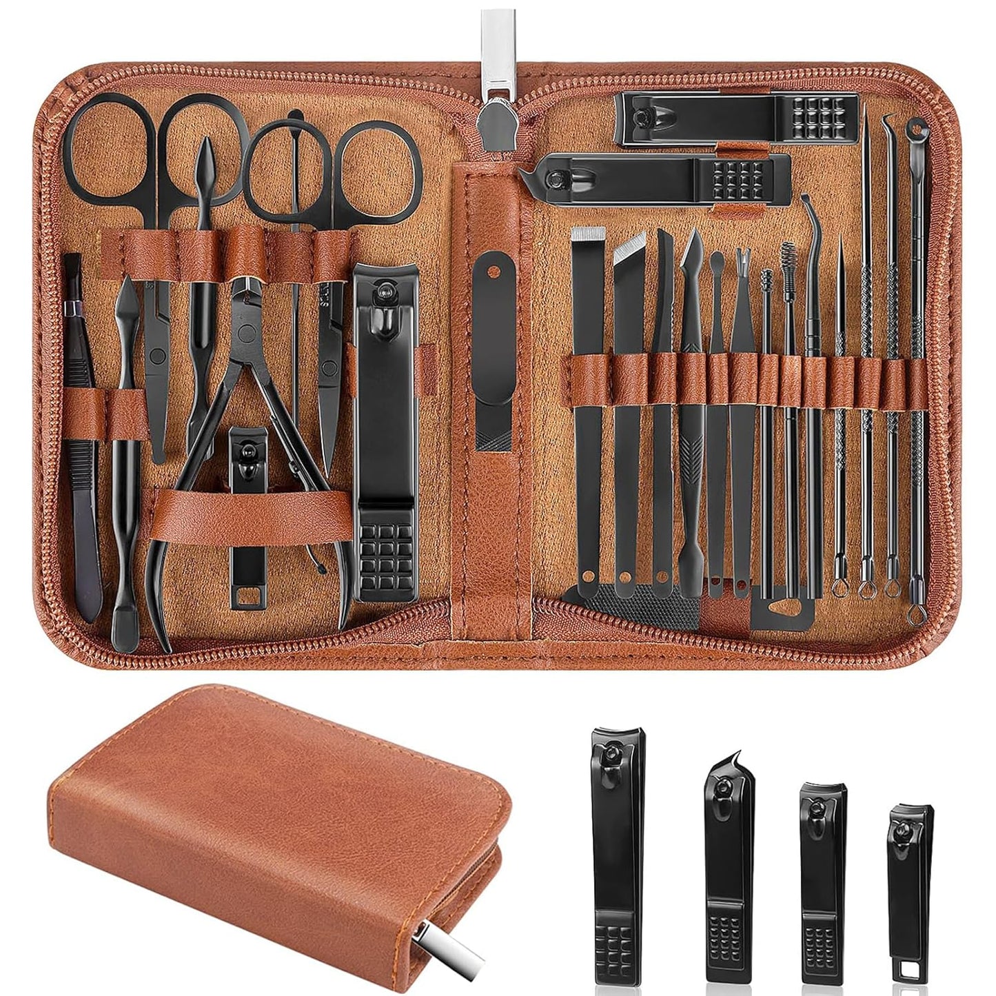 Nail Clippers Set, 26 Piece Manicure Set & Pedicure Kit, Stainless Steel Fingernail & Toenail Clipper Cutters, Professional Nail Care Tools with Luxurious Travel Case for Men and Women, Black