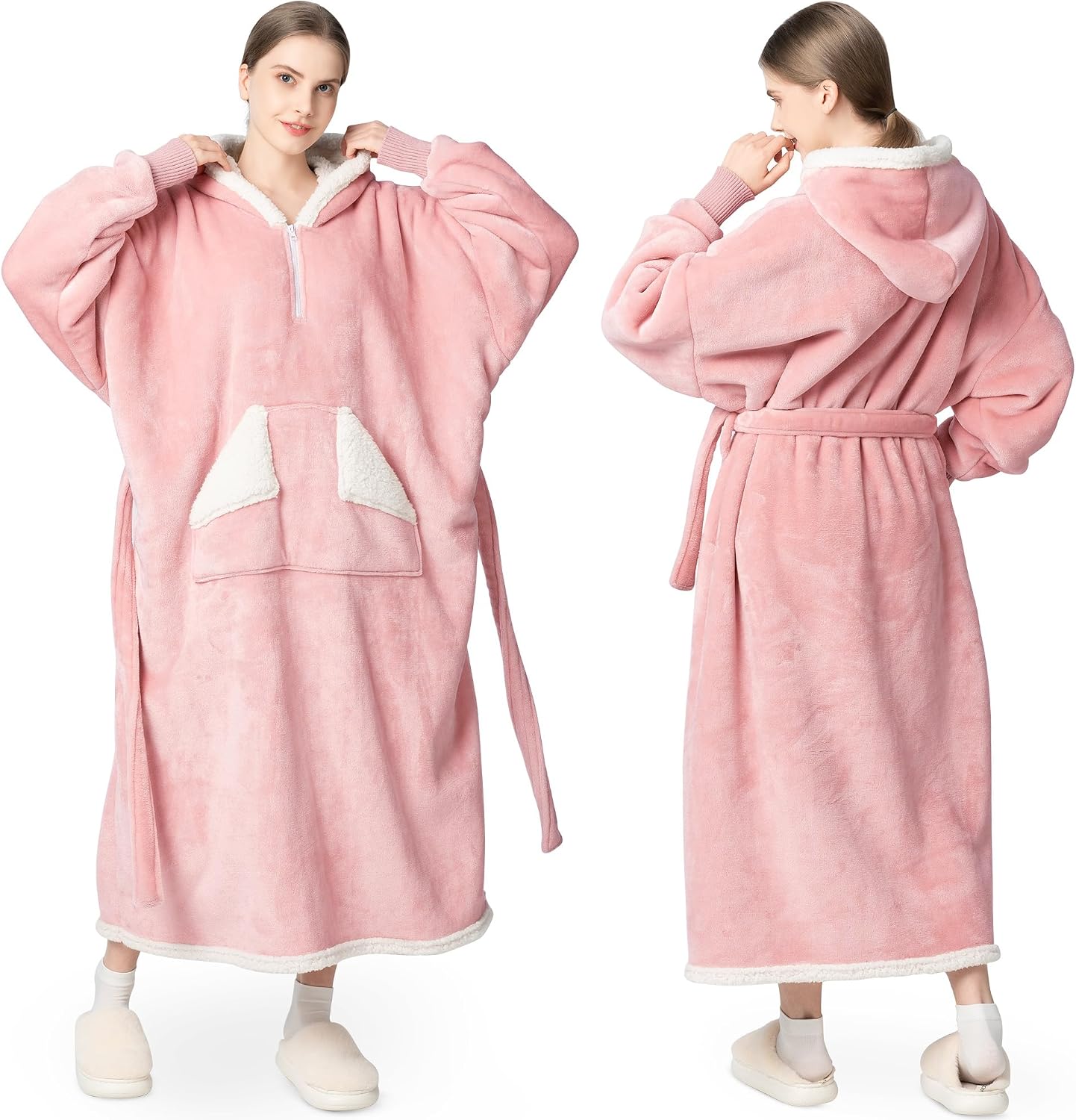 Touchat Wearable Blanket Hoodie, Oversized Sherpa Blanket Sweatshirt with Hood Pocket and Sleeves, Super Soft Warm Plush Hooded Blanket for Adult Women Men, One Size Fits All (Pink)