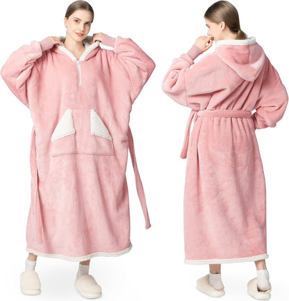 Touchat Wearable Blanket Hoodie, Oversized Sherpa Blanket Sweatshirt with Hood Pocket and Sleeves, Super Soft Warm Plush Hooded Blanket for Adult Women Men, One Size Fits All (Pink)