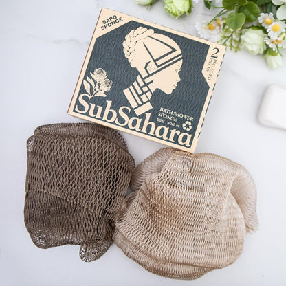 SubSahara Authentic African Net Sponge - 2 Pack Exfoliating Bath & Shower Loofah Sponge for Body & Face, Gentle Scrubber for All Skin Types, Travel, Durable Polyester (Olive Green & Light Green)