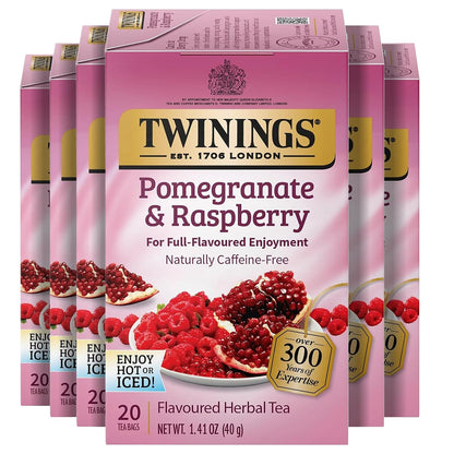 Twinings Pomegranate & Raspberry Herbal Tea Individually Wrapped Bags, 20 Count (Pack of 6), Naturally Caffeine-Free, Enjoy Hot or Iced, 120 Teabags