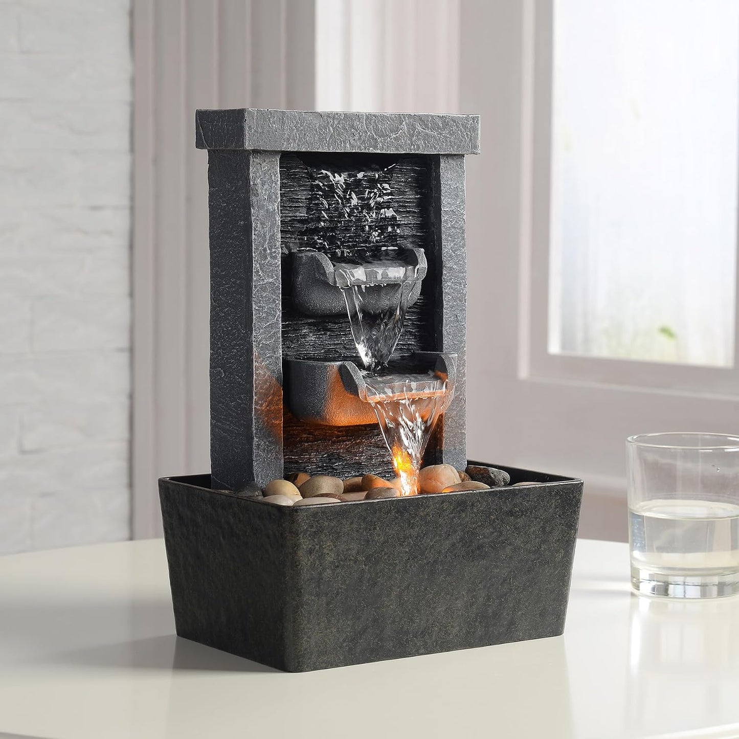 GOSSI Indoor Waterfall Fountain, 10.3" Tabletop Water Fountain with LED Lights & River Rocks, Relaxing Home Office Decor