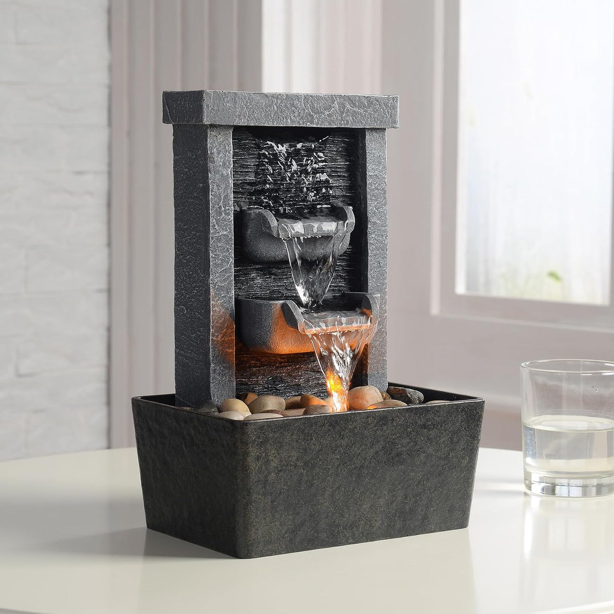 GOSSI Indoor Waterfall Fountain, 10.3" Tabletop Water Fountain with LED Lights & River Rocks, Relaxing Home Office Decor