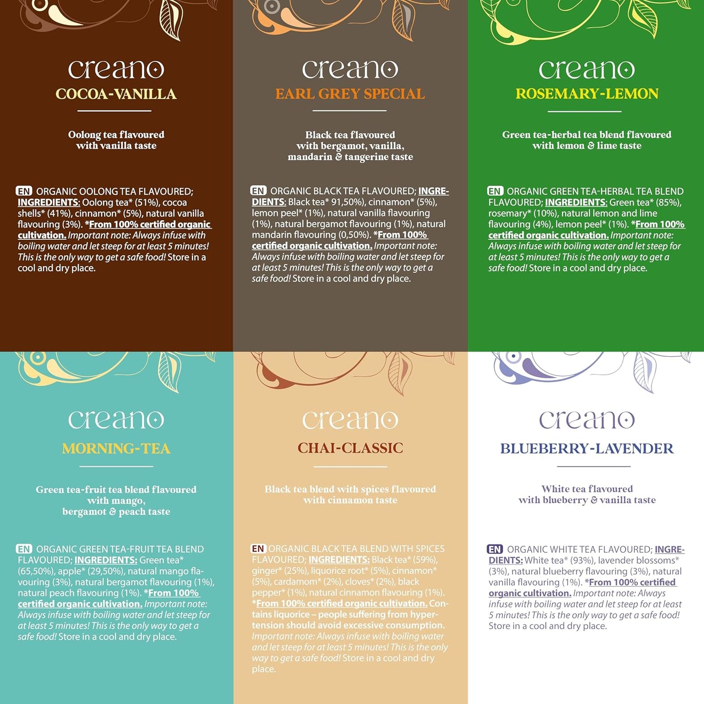 Creano Organic Herbal Tea Sampler Gift Set - Tea Gift Box - 27 Organic Tea Bags in 9 Different Varieties 54 g