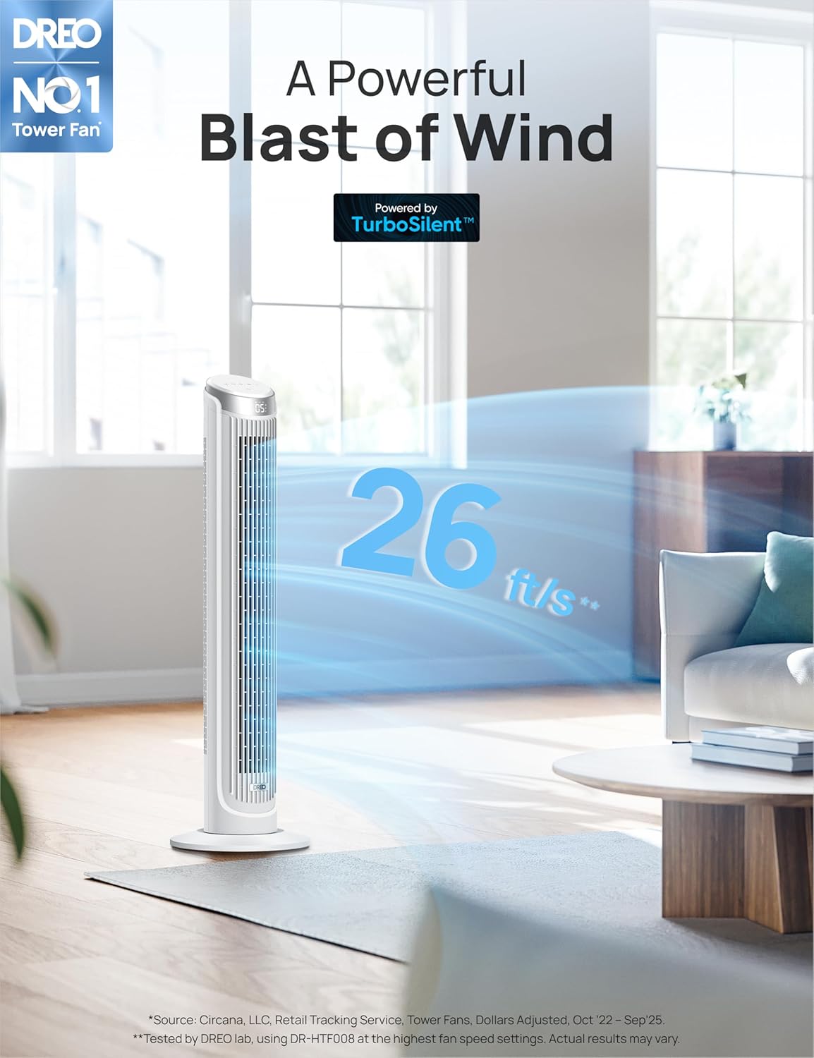 DREO Tower Fan for Bedroom, 90° Oscillating Fans that Blow Cold Air, 5 Speeds, 4 Modes with 26ft/s Velocity, 12H & 28dB Quiet Timer, Remote, Touch, 40" Standing Floor Fan for Home Office, Black