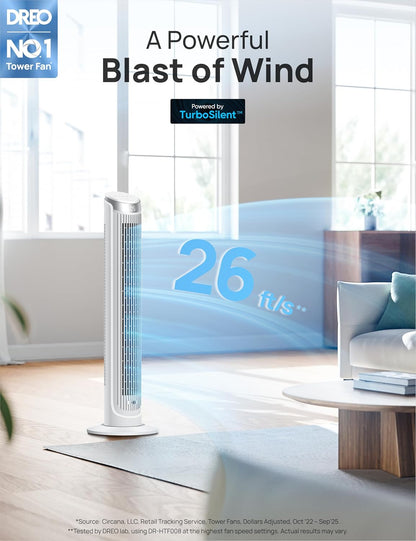DREO Tower Fan for Bedroom, 90° Oscillating Fans that Blow Cold Air, 5 Speeds, 4 Modes with 26ft/s Velocity, 12H & 28dB Quiet Timer, Remote, Touch, 40" Standing Floor Fan for Home Office, Black