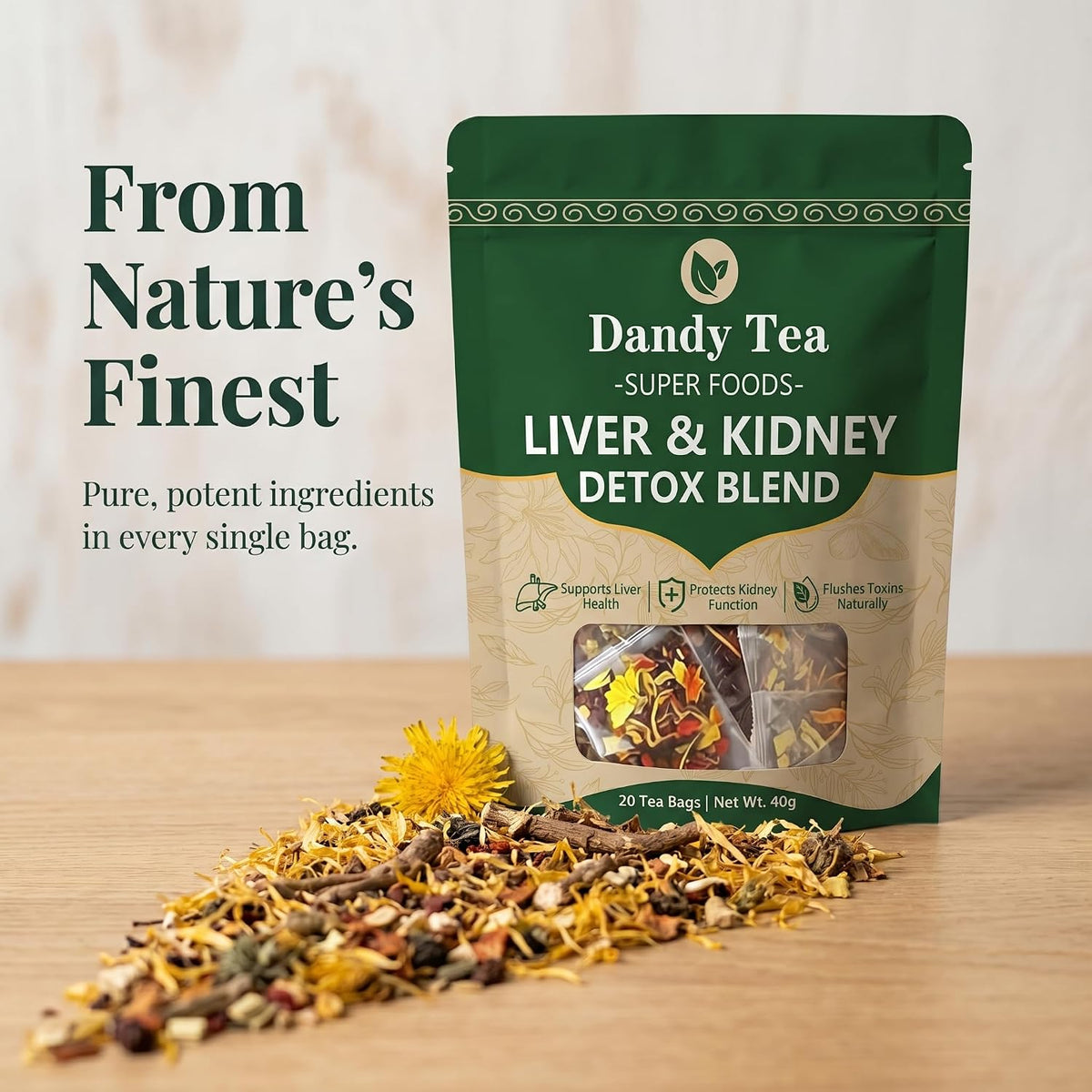 Dandy Superfoods Liver and Kidney Detox Tea,Liver Detox Tea - Dandelion Goji Berry Tea | Natural Herbal Blend - 20 packs