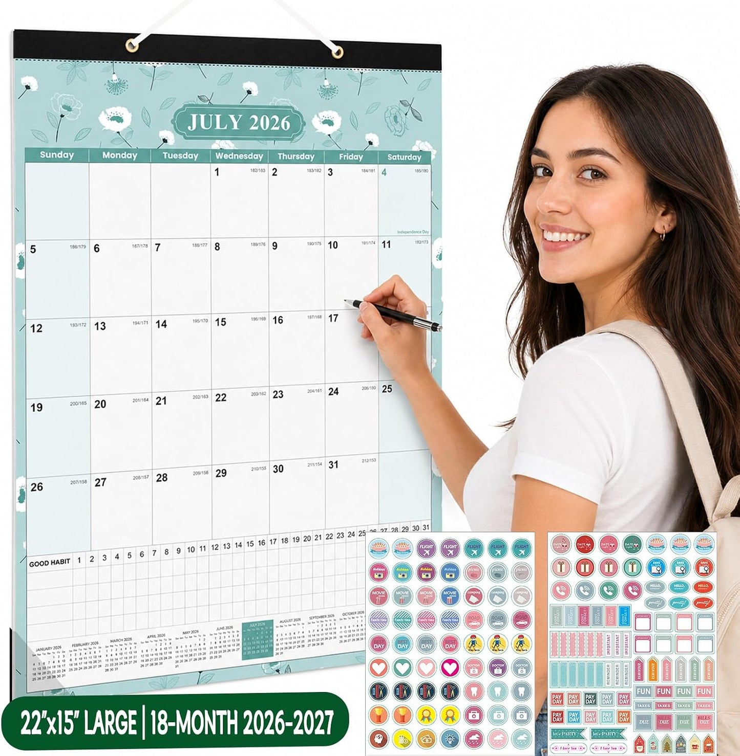 Large Wall Calendar 2026-2027, 18-Month Wall Calendar from July 2026 to December 2027, 15" x 22" 2026 Wall Calendar with Spacious Blocks, Julian Dates, Habit Tracker & Full-Year Reference for Home Office School Colorful